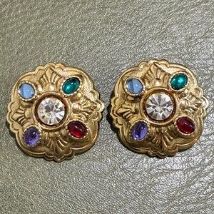 Vintage Rhinestone Multicolor Cabochon Chunky Gold Tone Clip On Earrings